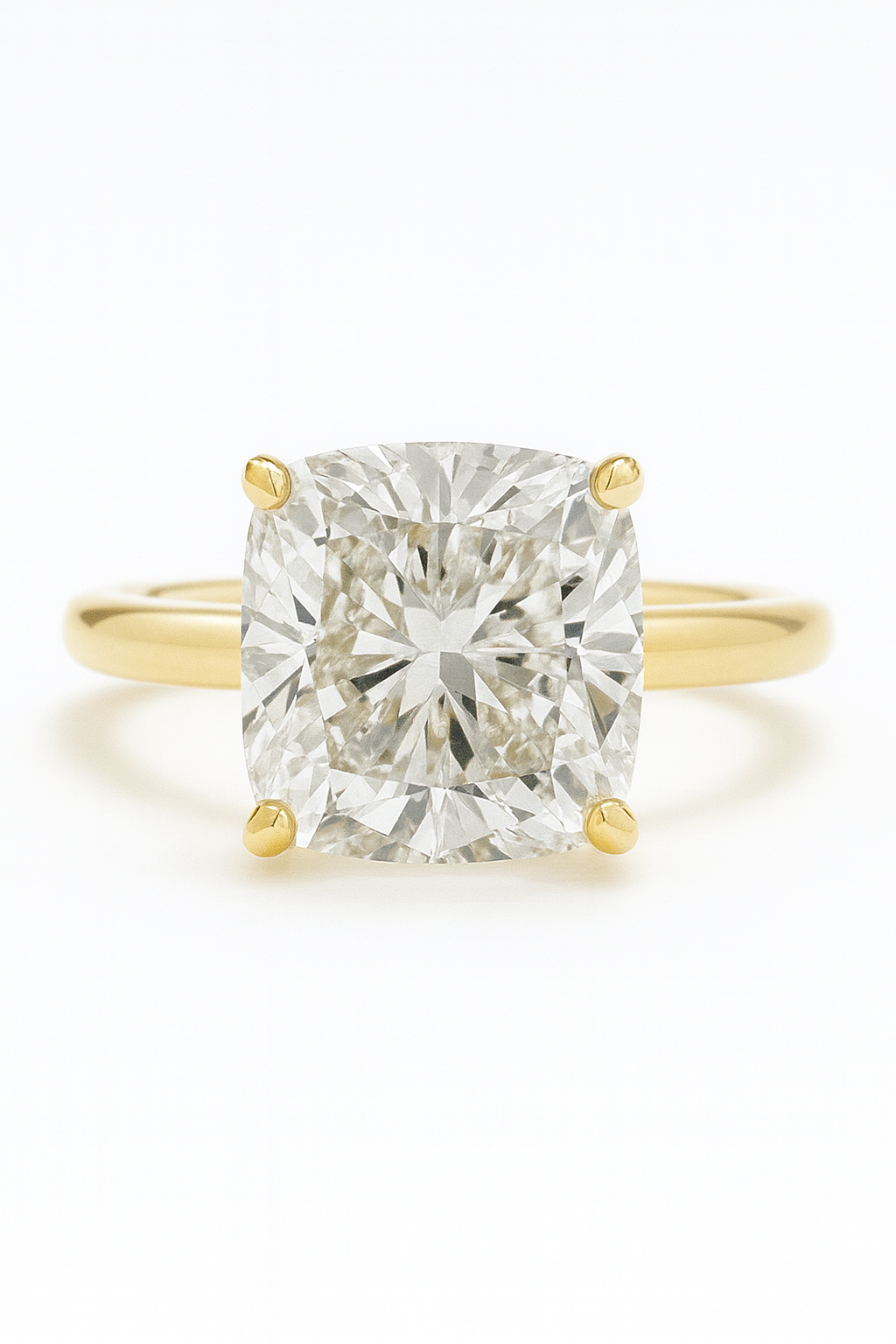 14K Yellow Gold Custom Knife Edge Engagement Ring Featuring a 2.79 CT Cushion Lab Diamond F VVS2 IGI Cert