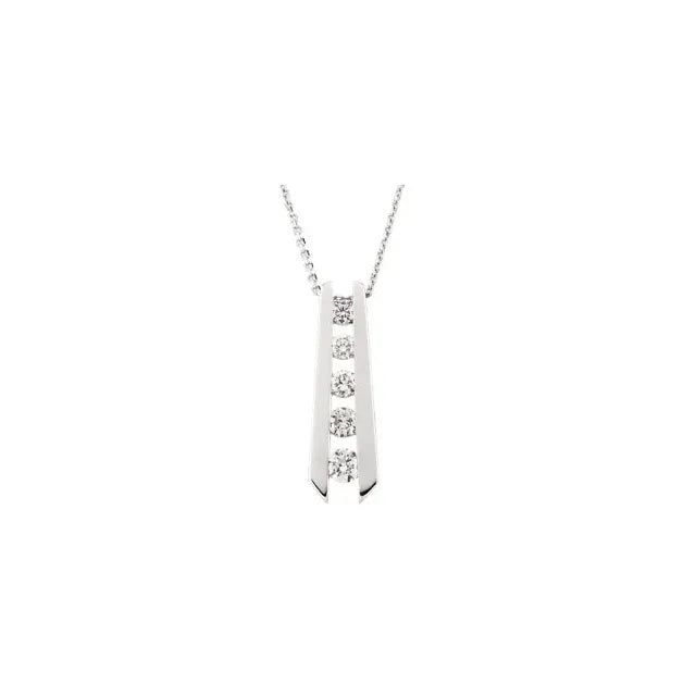 14KW 0.50ctw Round Graduated Journey Bar Pendant w/ lab grown diamonds F+ VS+ with 14K WG 1 mm Diamond-Cut Bead 20" Chain